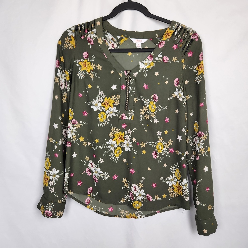 Candies Women's Green Floral Vented Shoulders‎ 1/4 Zip Closure Blouse Size XS